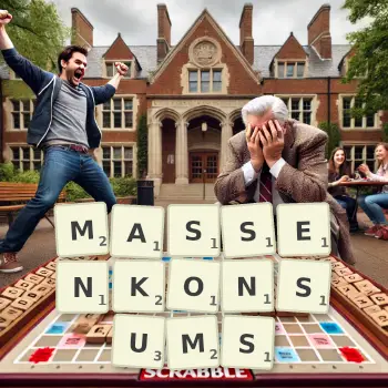 Kreative Illustration für ein Scrabble-Spiel, bei dem das Wort MASSENKONSUMS mit Steinen auf dem Brett gelegt wurde.
