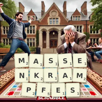 Kreative Illustration für ein Scrabble-Spiel, bei dem das Wort MASSENKRAMPFES mit Steinen auf dem Brett gelegt wurde.