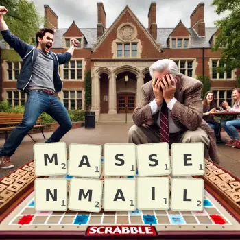 Kreative Illustration für ein Scrabble-Spiel, bei dem das Wort MASSENMAIL mit Steinen auf dem Brett gelegt wurde.