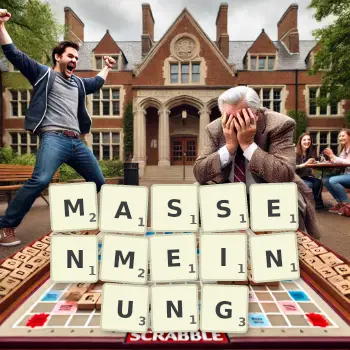 Kreative Illustration für ein Scrabble-Spiel, bei dem das Wort MASSENMEINUNG mit Steinen auf dem Brett gelegt wurde.