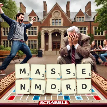 Kreative Illustration für ein Scrabble-Spiel, bei dem das Wort MASSENMORD mit Steinen auf dem Brett gelegt wurde.