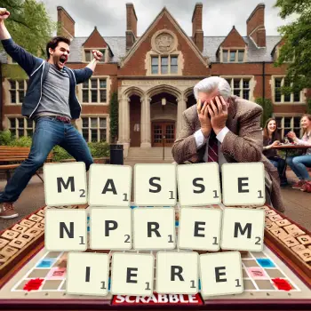 Kreative Illustration für ein Scrabble-Spiel, bei dem das Wort MASSENPREMIERE mit Steinen auf dem Brett gelegt wurde.