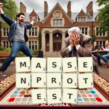 Kreative Illustration für ein Scrabble-Spiel, bei dem das Wort MASSENPROTEST mit Steinen auf dem Brett gelegt wurde.