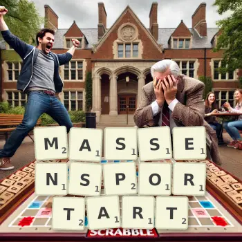 Kreative Illustration für ein Scrabble-Spiel, bei dem das Wort MASSENSPORTART mit Steinen auf dem Brett gelegt wurde.