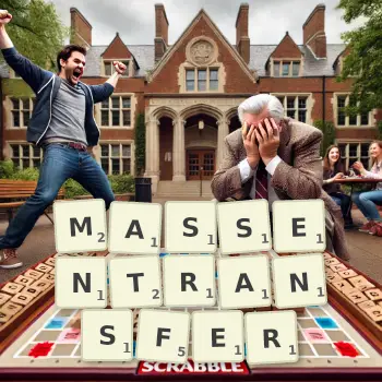 Kreative Illustration für ein Scrabble-Spiel, bei dem das Wort MASSENTRANSFER mit Steinen auf dem Brett gelegt wurde.