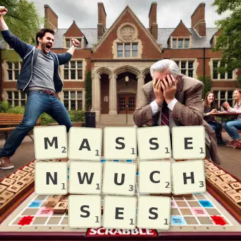 Kreative Illustration für ein Scrabble-Spiel, bei dem das Wort MASSENWUCHSES mit Steinen auf dem Brett gelegt wurde.