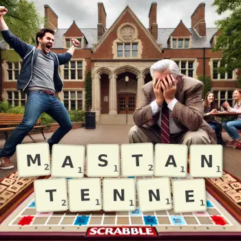 Kreative Illustration für ein Scrabble-Spiel, bei dem das Wort MASTANTENNE mit Steinen auf dem Brett gelegt wurde.