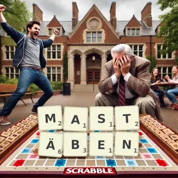 Kreative Illustration für ein Scrabble-Spiel, bei dem das Wort MASTÄBEN mit Steinen auf dem Brett gelegt wurde.