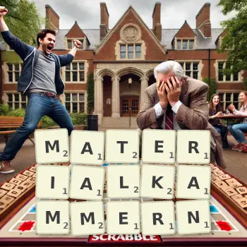 Kreative Illustration für ein Scrabble-Spiel, bei dem das Wort MATERIALKAMMERN mit Steinen auf dem Brett gelegt wurde.