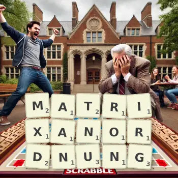 Kreative Illustration für ein Scrabble-Spiel, bei dem das Wort MATRIXANORDNUNG mit Steinen auf dem Brett gelegt wurde.