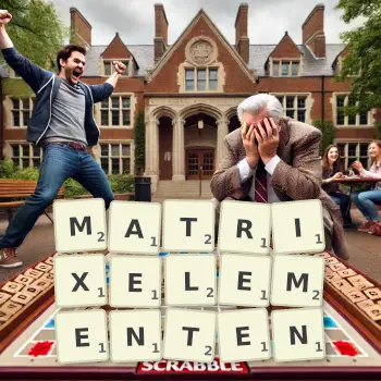 Kreative Illustration für ein Scrabble-Spiel, bei dem das Wort MATRIXELEMENTEN mit Steinen auf dem Brett gelegt wurde.