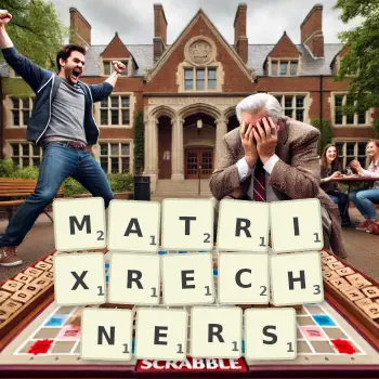 Kreative Illustration für ein Scrabble-Spiel, bei dem das Wort MATRIXRECHNERS mit Steinen auf dem Brett gelegt wurde.