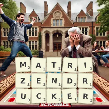 Kreative Illustration für ein Scrabble-Spiel, bei dem das Wort MATRIZENDRUCKER mit Steinen auf dem Brett gelegt wurde.