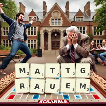 Kreative Illustration für ein Scrabble-Spiel, bei dem das Wort MATTGRAUEM mit Steinen auf dem Brett gelegt wurde.