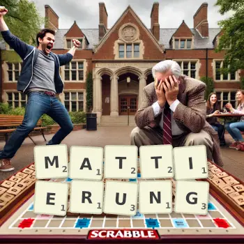 Kreative Illustration für ein Scrabble-Spiel, bei dem das Wort MATTIERUNG mit Steinen auf dem Brett gelegt wurde.