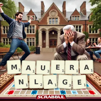 Kreative Illustration für ein Scrabble-Spiel, bei dem das Wort MAUERANLAGE mit Steinen auf dem Brett gelegt wurde.