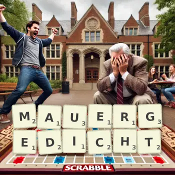Kreative Illustration für ein Scrabble-Spiel, bei dem das Wort MAUERGEDICHT mit Steinen auf dem Brett gelegt wurde.