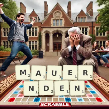 Kreative Illustration für ein Scrabble-Spiel, bei dem das Wort MAUERNDEN mit Steinen auf dem Brett gelegt wurde.