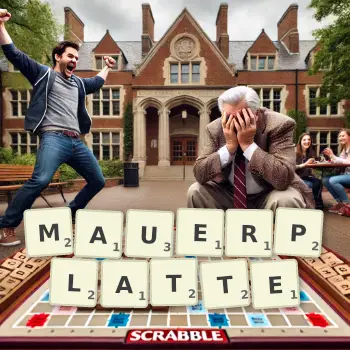 Kreative Illustration für ein Scrabble-Spiel, bei dem das Wort MAUERPLATTE mit Steinen auf dem Brett gelegt wurde.