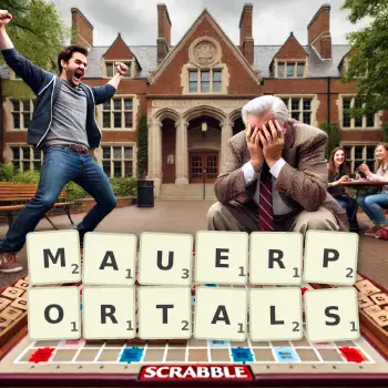 Kreative Illustration für ein Scrabble-Spiel, bei dem das Wort MAUERPORTALS mit Steinen auf dem Brett gelegt wurde.