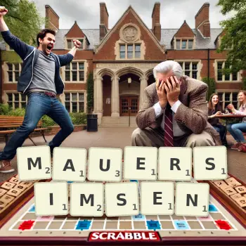 Kreative Illustration für ein Scrabble-Spiel, bei dem das Wort MAUERSIMSEN mit Steinen auf dem Brett gelegt wurde.