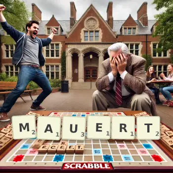 Kreative Illustration für ein Scrabble-Spiel, bei dem das Wort MAUERT mit Steinen auf dem Brett gelegt wurde.