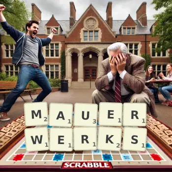 Kreative Illustration für ein Scrabble-Spiel, bei dem das Wort MAUERWERKS mit Steinen auf dem Brett gelegt wurde.