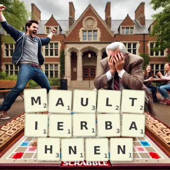 Kreative Illustration für ein Scrabble-Spiel, bei dem das Wort MAULTIERBAHNEN mit Steinen auf dem Brett gelegt wurde.