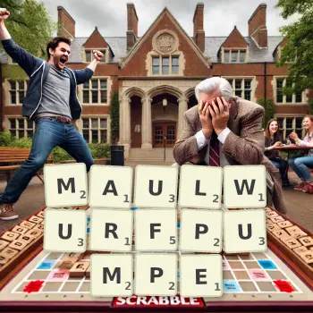 Kreative Illustration für ein Scrabble-Spiel, bei dem das Wort MAULWURFPUMPE mit Steinen auf dem Brett gelegt wurde.