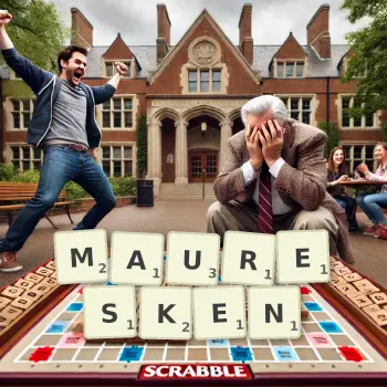 Kreative Illustration für ein Scrabble-Spiel, bei dem das Wort MAURESKEN mit Steinen auf dem Brett gelegt wurde.