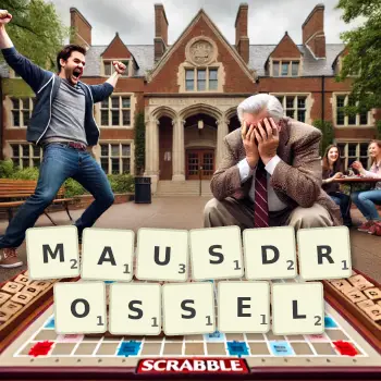 Kreative Illustration für ein Scrabble-Spiel, bei dem das Wort MAUSDROSSEL mit Steinen auf dem Brett gelegt wurde.