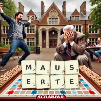 Kreative Illustration für ein Scrabble-Spiel, bei dem das Wort MAUSERTE mit Steinen auf dem Brett gelegt wurde.