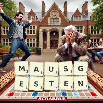 Kreative Illustration für ein Scrabble-Spiel, bei dem das Wort MAUSGESTEN mit Steinen auf dem Brett gelegt wurde.