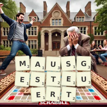 Kreative Illustration für ein Scrabble-Spiel, bei dem das Wort MAUSGESTEUERT mit Steinen auf dem Brett gelegt wurde.