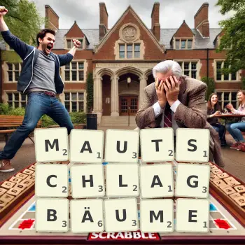 Kreative Illustration für ein Scrabble-Spiel, bei dem das Wort MAUTSCHLAGBÄUME mit Steinen auf dem Brett gelegt wurde.