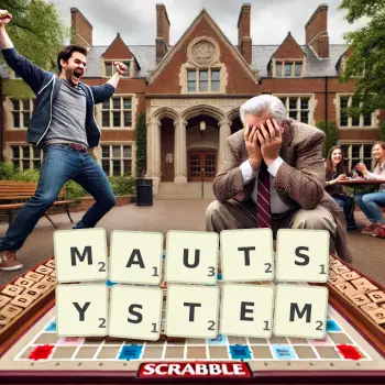 Kreative Illustration für ein Scrabble-Spiel, bei dem das Wort MAUTSYSTEM mit Steinen auf dem Brett gelegt wurde.