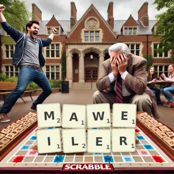 Kreative Illustration für ein Scrabble-Spiel, bei dem das Wort MAWEILER mit Steinen auf dem Brett gelegt wurde.