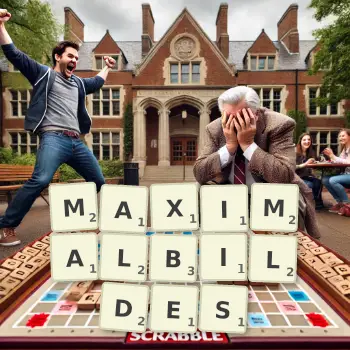 Kreative Illustration für ein Scrabble-Spiel, bei dem das Wort MAXIMALBILDES mit Steinen auf dem Brett gelegt wurde.