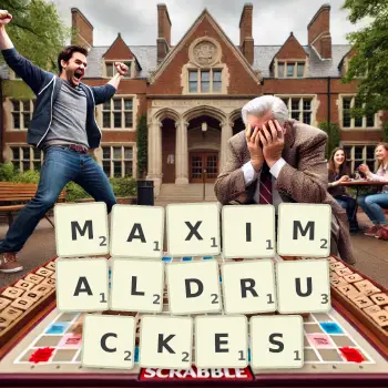 Kreative Illustration für ein Scrabble-Spiel, bei dem das Wort MAXIMALDRUCKES mit Steinen auf dem Brett gelegt wurde.
