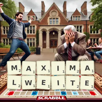 Kreative Illustration für ein Scrabble-Spiel, bei dem das Wort MAXIMALWEITE mit Steinen auf dem Brett gelegt wurde.