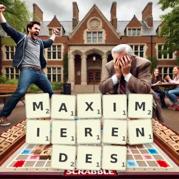 Kreative Illustration für ein Scrabble-Spiel, bei dem das Wort MAXIMIERENDES mit Steinen auf dem Brett gelegt wurde.
