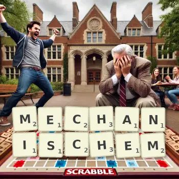 Kreative Illustration für ein Scrabble-Spiel, bei dem das Wort MECHANISCHEM mit Steinen auf dem Brett gelegt wurde.