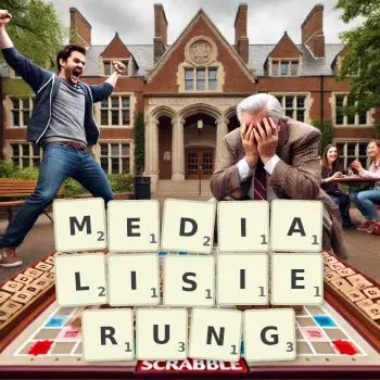 Kreative Illustration für ein Scrabble-Spiel, bei dem das Wort MEDIALISIERUNG mit Steinen auf dem Brett gelegt wurde.