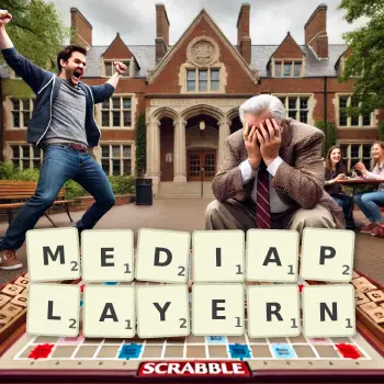 Kreative Illustration für ein Scrabble-Spiel, bei dem das Wort MEDIAPLAYERN mit Steinen auf dem Brett gelegt wurde.