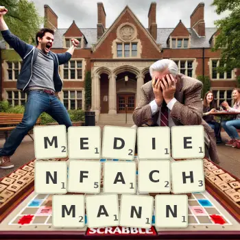 Kreative Illustration für ein Scrabble-Spiel, bei dem das Wort MEDIENFACHMANN mit Steinen auf dem Brett gelegt wurde.