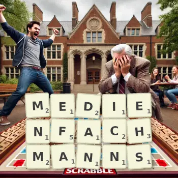 Kreative Illustration für ein Scrabble-Spiel, bei dem das Wort MEDIENFACHMANNS mit Steinen auf dem Brett gelegt wurde.