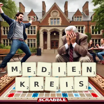 Kreative Illustration für ein Scrabble-Spiel, bei dem das Wort MEDIENKREIS mit Steinen auf dem Brett gelegt wurde.