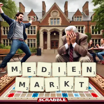 Kreative Illustration für ein Scrabble-Spiel, bei dem das Wort MEDIENMARKT mit Steinen auf dem Brett gelegt wurde.