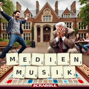 Kreative Illustration für ein Scrabble-Spiel, bei dem das Wort MEDIENMUSIK mit Steinen auf dem Brett gelegt wurde.