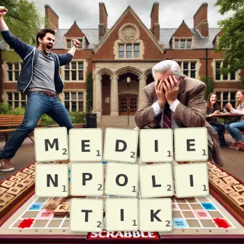 Kreative Illustration für ein Scrabble-Spiel, bei dem das Wort MEDIENPOLITIK mit Steinen auf dem Brett gelegt wurde.